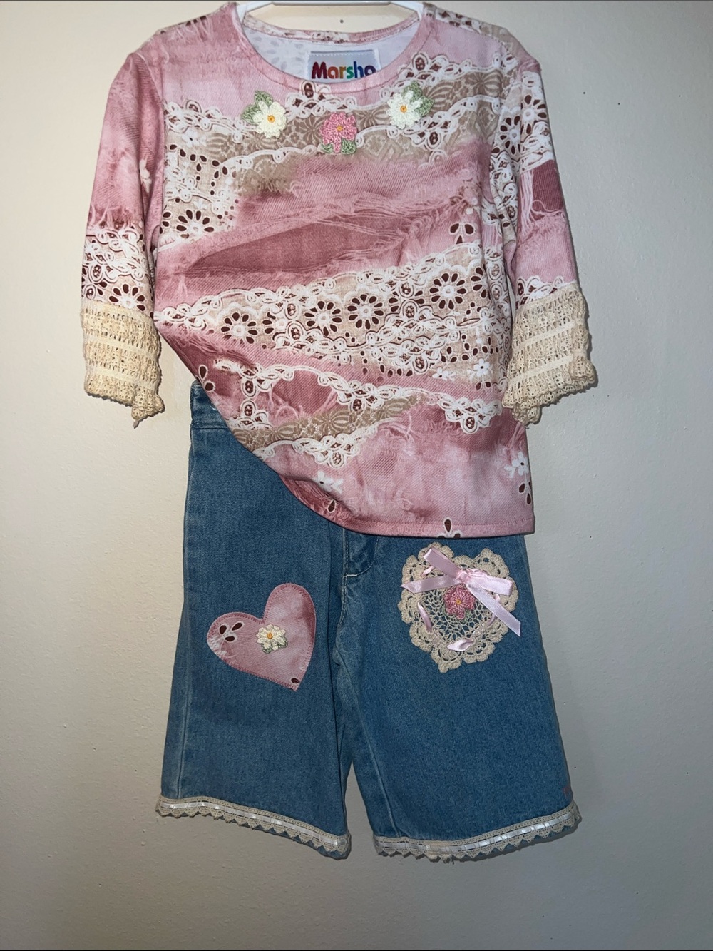 Vintage Girls Pink Lace-Trim Top with Denim Heart Applique Shorts Size 2